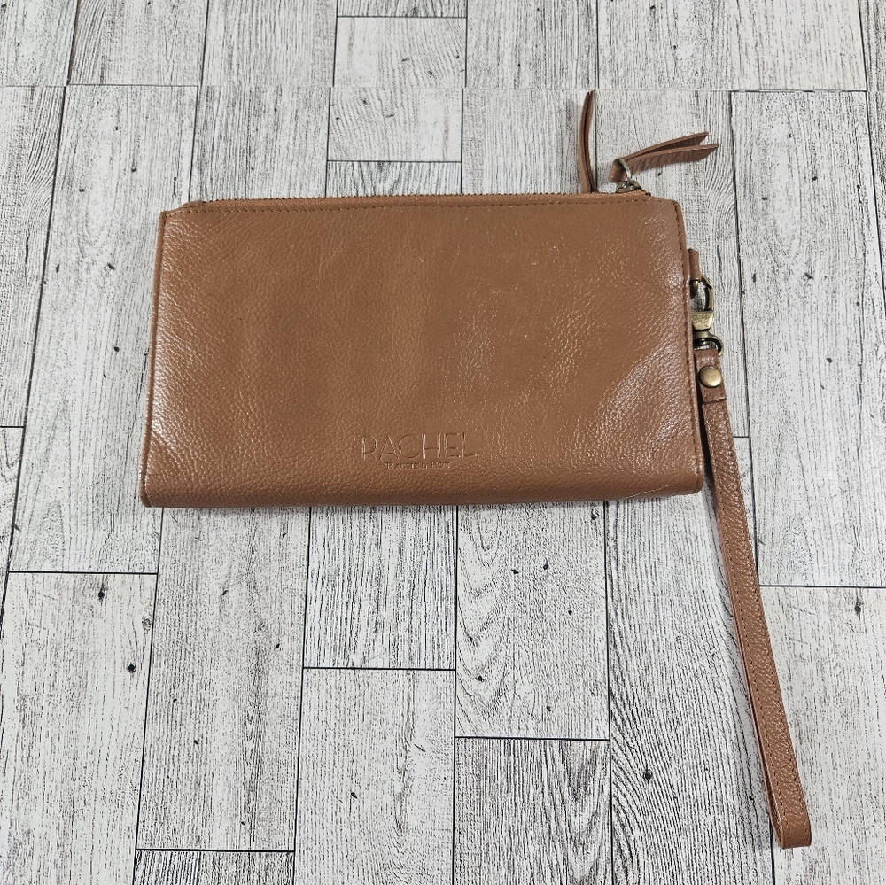 Rachel Roy Tan Leather Wristlet Wallet Top Zippers Cards Cluch